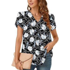 image:imageWomens Dressy Chiffon Blouses V Neck Tops Tee 2025 Summer Shirts Petal Short Sleeve Casual TShirtsPetal SleeveWhite Lily