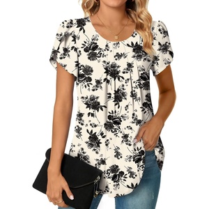 image:imageWomens Plus Size Tops Dressy Casual Summer Chiffon Blouses Short Sleeve Dress Shirts Business Loose Fit TunicsCrewneck Black Floral Beige