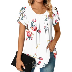 image:imageWomens Plus Size Tops Dressy Casual Summer Chiffon Blouses Short Sleeve Dress Shirts Business Loose Fit TunicsCrewneck Floral White