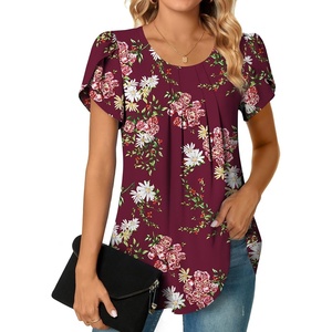 image:imageWomens Plus Size Tops Dressy Casual Summer Chiffon Blouses Short Sleeve Dress Shirts Business Loose Fit TunicsCrewneck Floral Wine