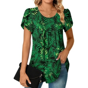 image:imageWomens Plus Size Tops Dressy Casual Summer Chiffon Blouses Short Sleeve Dress Shirts Business Loose Fit TunicsCrewneck Leaf Green