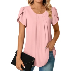 image:imageWomens Plus Size Tops Dressy Casual Summer Chiffon Blouses Short Sleeve Dress Shirts Business Loose Fit TunicsCrewneck Pink