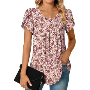 image:imageWomens Plus Size Tops Dressy Casual Summer Chiffon Blouses Short Sleeve Dress Shirts Business Loose Fit TunicsCrewneck Red Flower White
