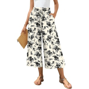 image:imageBestbee Capri Pants for Women Wide Leg Palazzo Cropped Pant Gaucho Capris  Dressy Casual Summer Outfits Culottes Boho Gauchos with PocketsCapri Black Floral Beige