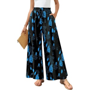 image:imageBestbee Palazzo Pants for Women Dressy Casual Wide Leg Slacks Elastic Waist Flowy Long Pant with PocketsBlue Floralblack