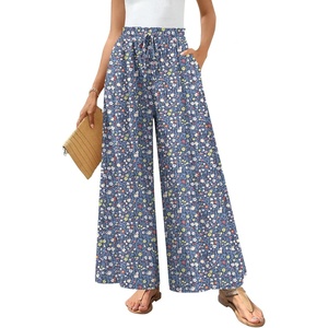 image:imageBestbee Palazzo Pants for Women Dressy Casual Wide Leg Slacks Elastic Waist Flowy Long Pant with PocketsBluemulti Flower