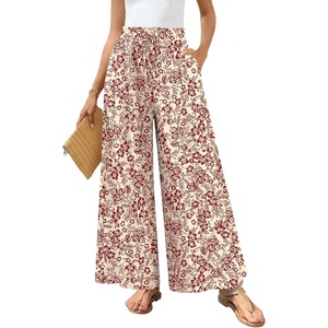 image:imageBestbee Palazzo Pants for Women Dressy Casual Wide Leg Slacks Elastic Waist Flowy Long Pant with PocketsDeep Red Flowerbeige