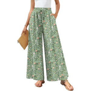 image:imageBestbee Palazzo Pants for Women Dressy Casual Wide Leg Slacks Elastic Waist Flowy Long Pant with PocketsGreen Flowers