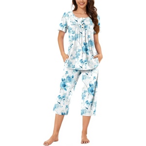 image:imageBestbee Pajamas for Women Set 2 Piece Outfits Soft Sleepwear Ladies Pj SetsFloral Aqua Bluebeige