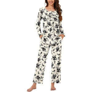 image:imageBestbee Womens Pajama Sets 2 Piece Fall Lounge Outfits Ladies Pj SetsBlack Floral Beige