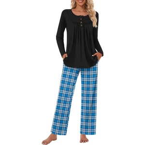 image:imageBestbee Womens Pajama Sets 2 Piece Fall Lounge Outfits Ladies Pj SetsBlackBlue Mix Plaid