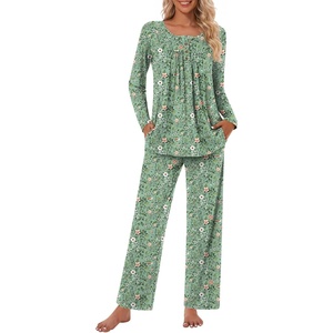 image:imageBestbee Womens Pajama Sets 2 Piece Fall Lounge Outfits Ladies Pj SetsGreen Flowers