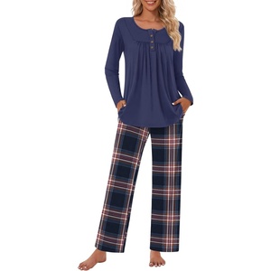 image:imageBestbee Womens Pajama Sets 2 Piece Fall Lounge Outfits Ladies Pj SetsNavyBrownblue Plaid