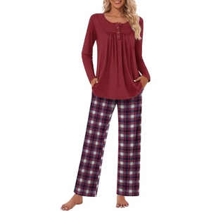 image:imageBestbee Womens Pajama Sets 2 Piece Fall Lounge Outfits Ladies Pj SetsWineRedblue Plaid
